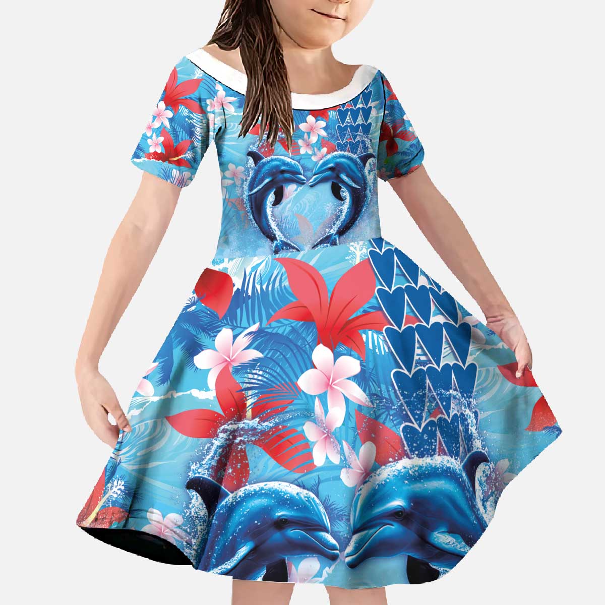 Hawaiian Dolphin Love Couple - Ocean Heart Family Matching Off The Shoulder Long Sleeve Dress and Hawaiian Shirt LT03 Daughter's Dress Blue - Polynesian Pride