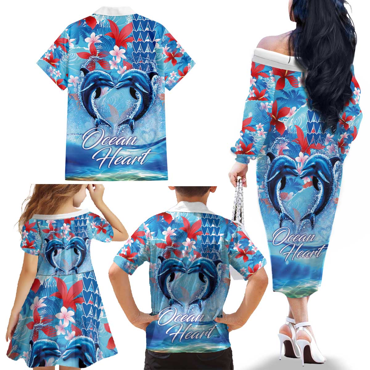 Hawaiian Dolphin Love Couple - Ocean Heart Family Matching Off The Shoulder Long Sleeve Dress and Hawaiian Shirt LT03 - Polynesian Pride