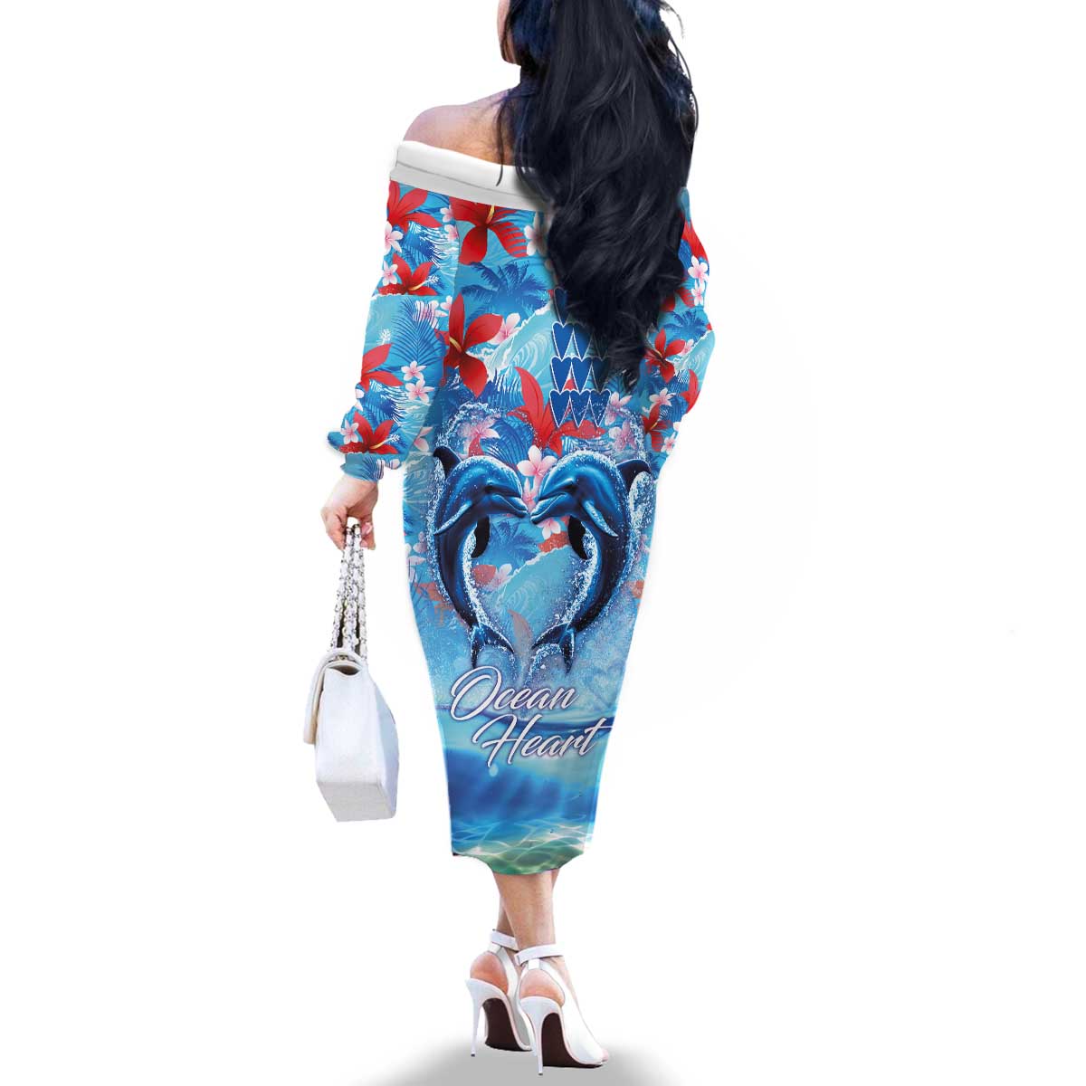 Hawaiian Dolphin Love Couple - Ocean Heart Family Matching Off The Shoulder Long Sleeve Dress and Hawaiian Shirt LT03 - Polynesian Pride