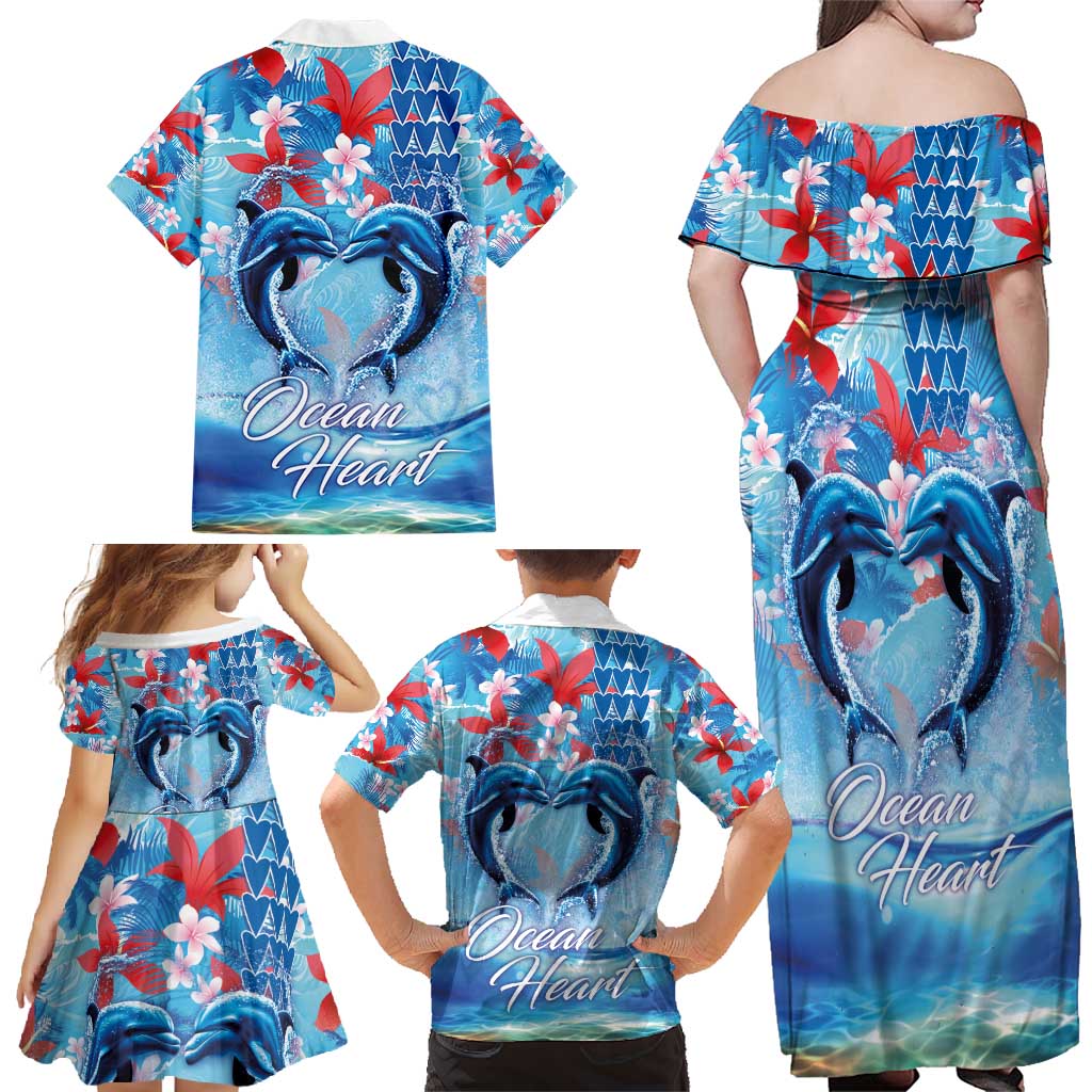 Hawaiian Dolphin Love Couple - Ocean Heart Family Matching Off Shoulder Maxi Dress and Hawaiian Shirt LT03 - Polynesian Pride