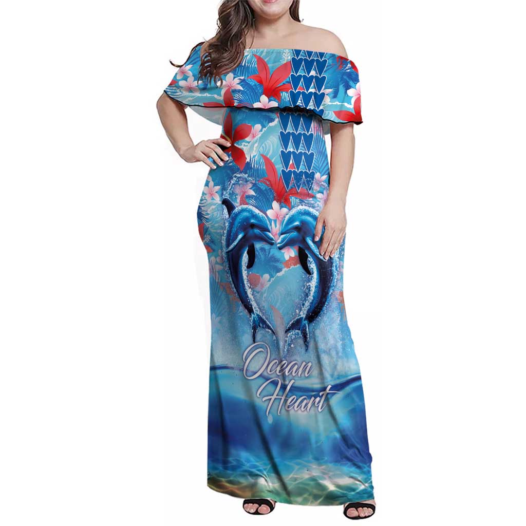 Hawaiian Dolphin Love Couple - Ocean Heart Family Matching Off Shoulder Maxi Dress and Hawaiian Shirt LT03 Mom's Dress Blue - Polynesian Pride