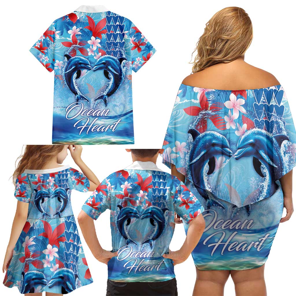 Hawaiian Dolphin Love Couple - Ocean Heart Family Matching Off Shoulder Short Dress and Hawaiian Shirt LT03 - Polynesian Pride