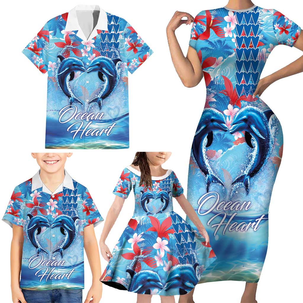 Hawaiian Dolphin Love Couple - Ocean Heart Family Matching Short Sleeve Bodycon Dress and Hawaiian Shirt LT03 - Polynesian Pride