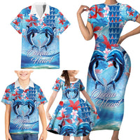 Hawaiian Dolphin Love Couple - Ocean Heart Family Matching Short Sleeve Bodycon Dress and Hawaiian Shirt LT03 - Polynesian Pride