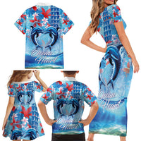 Hawaiian Dolphin Love Couple - Ocean Heart Family Matching Short Sleeve Bodycon Dress and Hawaiian Shirt LT03 - Polynesian Pride
