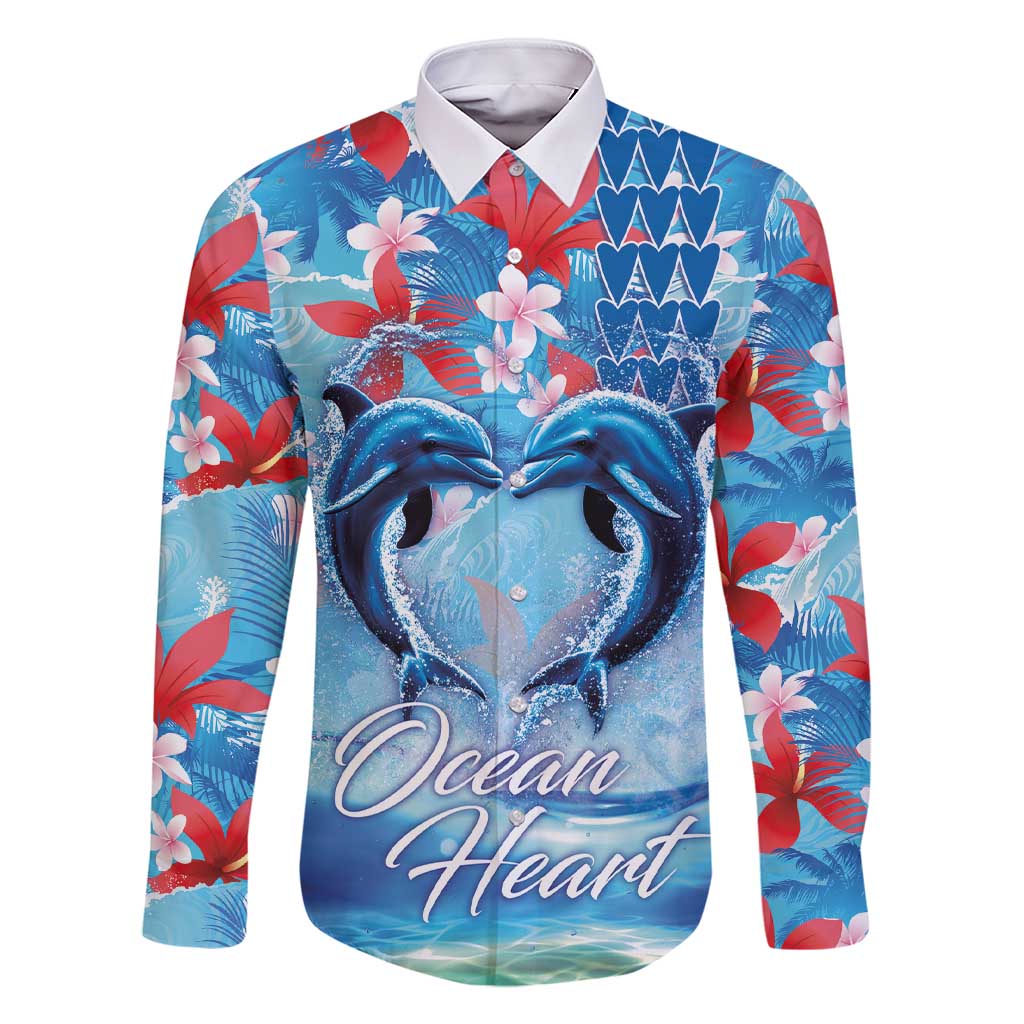 Hawaiian Dolphin Love Couple - Ocean Heart Family Matching Short Sleeve Bodycon Dress and Hawaiian Shirt LT03 Dad's Shirt - Long Sleeve Blue - Polynesian Pride
