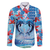 Hawaiian Dolphin Love Couple - Ocean Heart Family Matching Summer Maxi Dress and Hawaiian Shirt LT03 Dad's Shirt - Long Sleeve Blue - Polynesian Pride