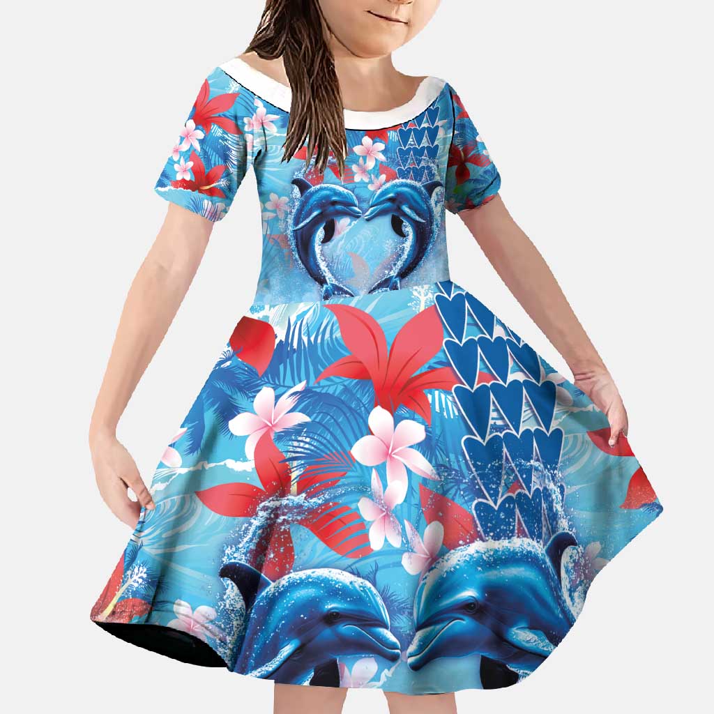 Hawaiian Dolphin Love Couple - Ocean Heart Family Matching Tank Maxi Dress and Hawaiian Shirt LT03 Daughter's Dress Blue - Polynesian Pride
