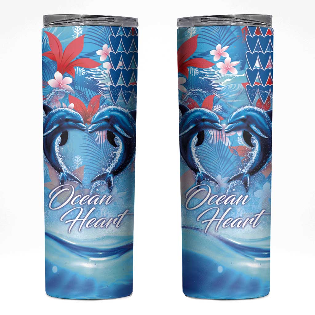 Hawaiian Dolphin Love Couple - Ocean Heart Skinny Tumbler LT03 Blue - Polynesian Pride