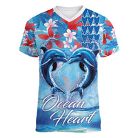 Hawaiian Dolphin Love Couple - Ocean Heart Women V-Neck T-Shirt LT03 Female Blue - Polynesian Pride