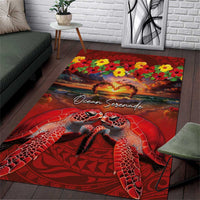 Hawaiian Turtle Love Couple Area Rug Ocean Serenade - Honu Honi Ihu with Hibiscus and Romantic Sunset Red Color LT03 Red - Polynesian Pride