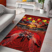 Hawaiian Turtle Love Couple Area Rug Ocean Serenade - Honu Honi Ihu with Hibiscus and Romantic Sunset Red Color LT03 - Polynesian Pride