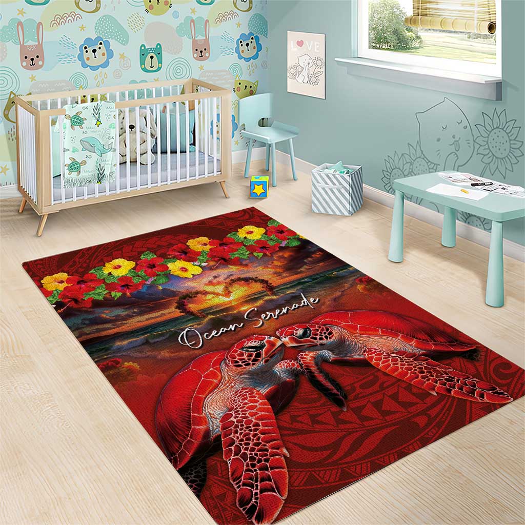 Hawaiian Turtle Love Couple Area Rug Ocean Serenade - Honu Honi Ihu with Hibiscus and Romantic Sunset Red Color LT03 - Polynesian Pride