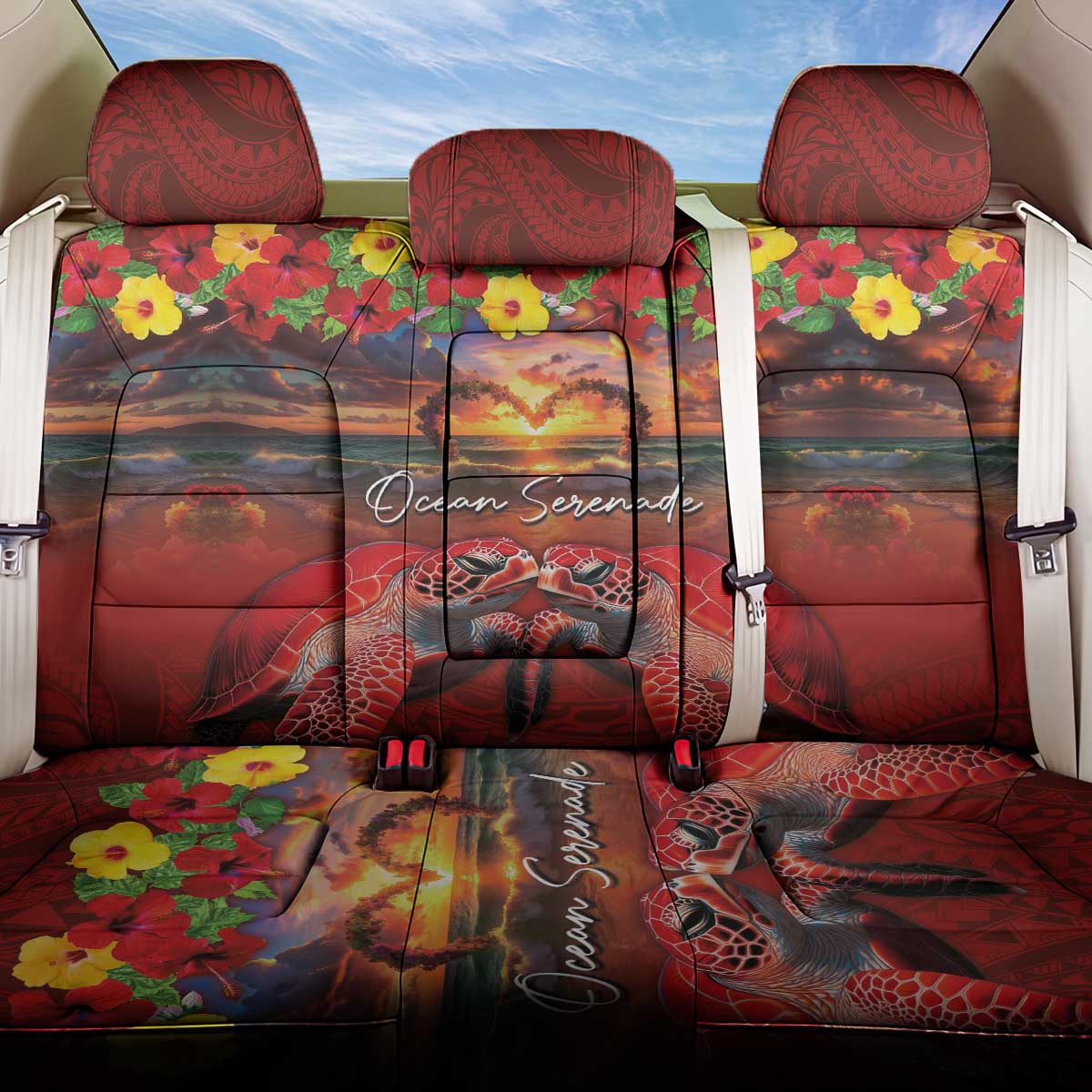Hawaiian Turtle Love Couple Back Car Seat Cover Ocean Serenade - Honu Honi Ihu with Hibiscus and Romantic Sunset Red Color LT03 One Size Red - Polynesian Pride