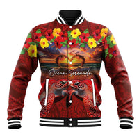 Hawaiian Turtle Love Couple Baseball Jacket Ocean Serenade - Honu Honi Ihu with Hibiscus and Romantic Sunset Red Color LT03 Unisex Red - Polynesian Pride
