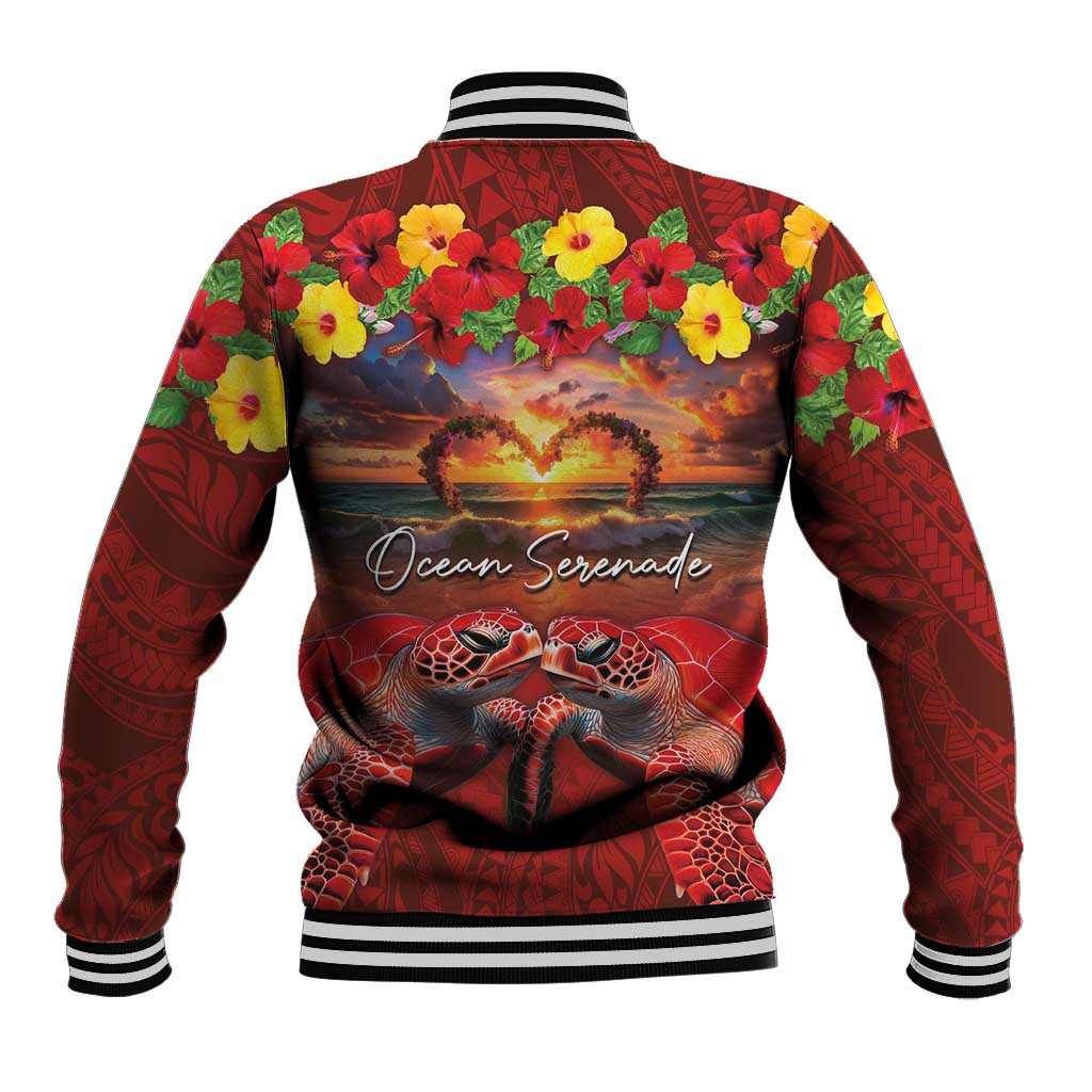 Hawaiian Turtle Love Couple Baseball Jacket Ocean Serenade - Honu Honi Ihu with Hibiscus and Romantic Sunset Red Color LT03 - Polynesian Pride