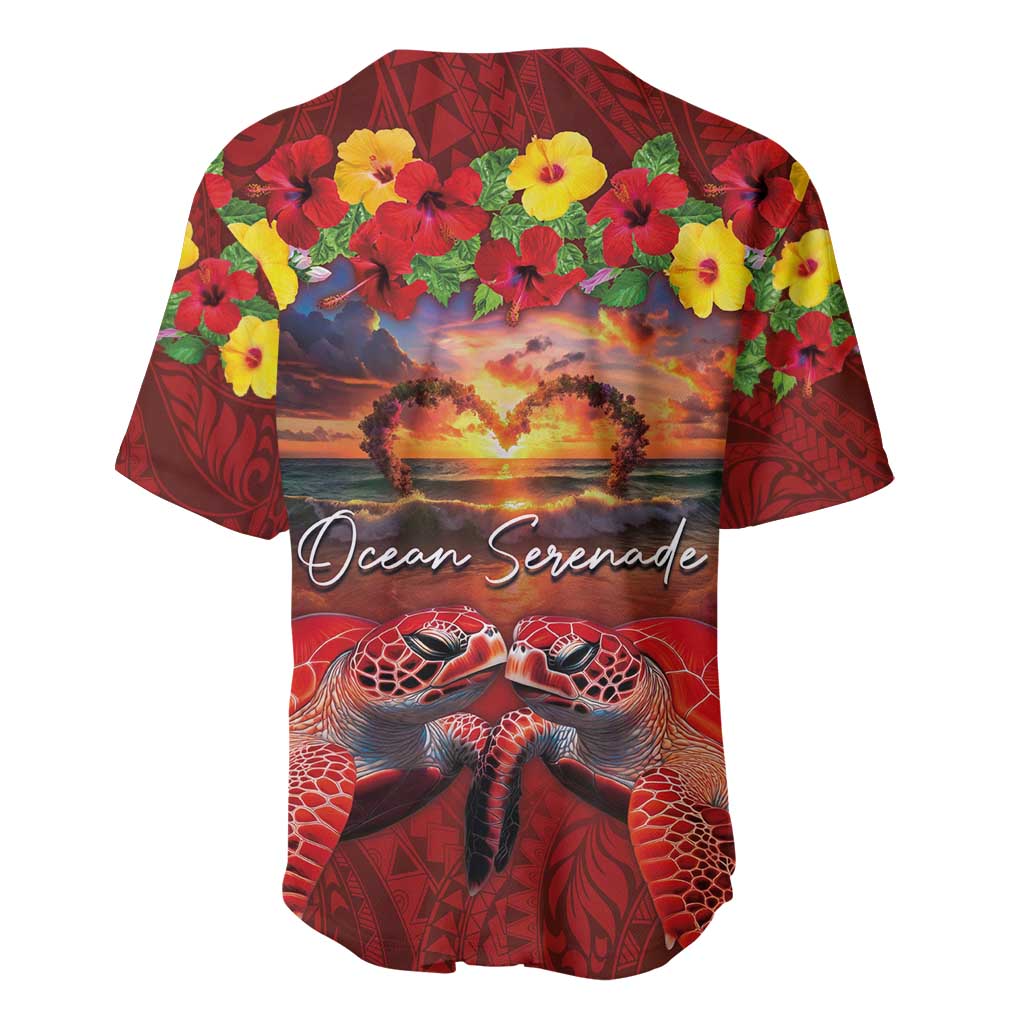Hawaiian Turtle Love Couple Baseball Jersey Ocean Serenade - Honu Honi Ihu with Hibiscus and Romantic Sunset Red Color LT03 - Polynesian Pride