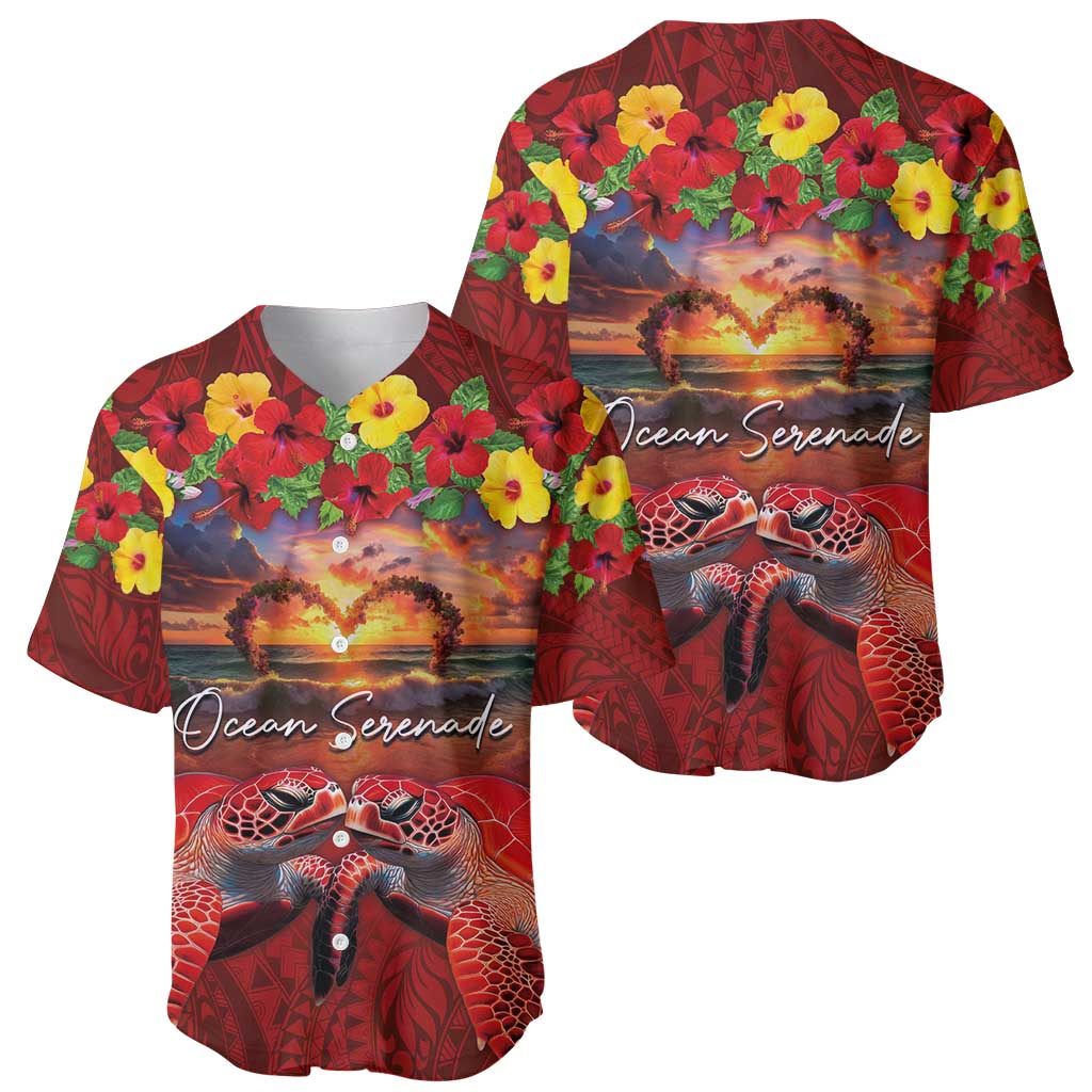Hawaiian Turtle Love Couple Baseball Jersey Ocean Serenade - Honu Honi Ihu with Hibiscus and Romantic Sunset Red Color LT03 - Polynesian Pride