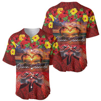 Hawaiian Turtle Love Couple Baseball Jersey Ocean Serenade - Honu Honi Ihu with Hibiscus and Romantic Sunset Red Color LT03 - Polynesian Pride