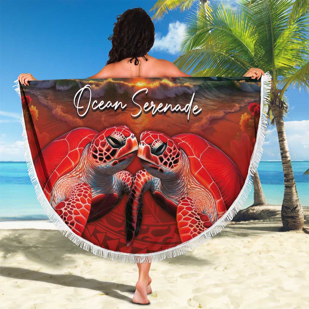Hawaiian Turtle Love Couple Beach Blanket Ocean Serenade - Honu Honi Ihu with Hibiscus and Romantic Sunset Red Color LT03 - Polynesian Pride