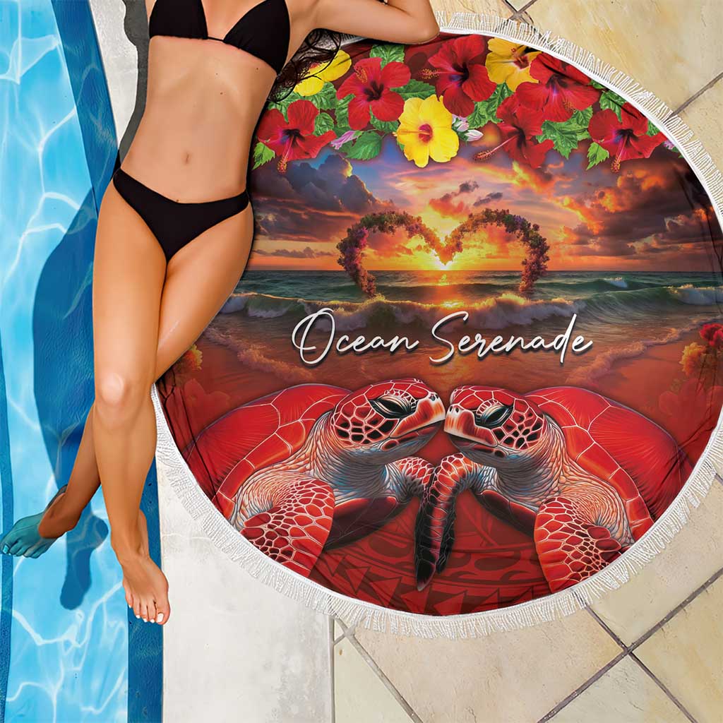 Hawaiian Turtle Love Couple Beach Blanket Ocean Serenade - Honu Honi Ihu with Hibiscus and Romantic Sunset Red Color LT03 - Polynesian Pride