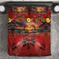 Hawaiian Turtle Love Couple Bedding Set Ocean Serenade - Honu Honi Ihu with Hibiscus and Romantic Sunset Red Color LT03 Red - Polynesian Pride
