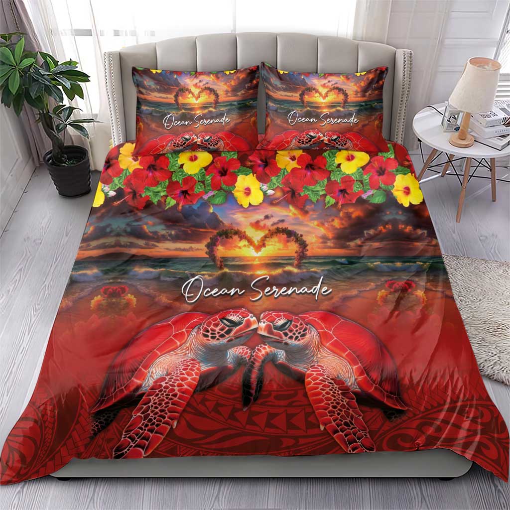 Hawaiian Turtle Love Couple Bedding Set Ocean Serenade - Honu Honi Ihu with Hibiscus and Romantic Sunset Red Color LT03 - Polynesian Pride