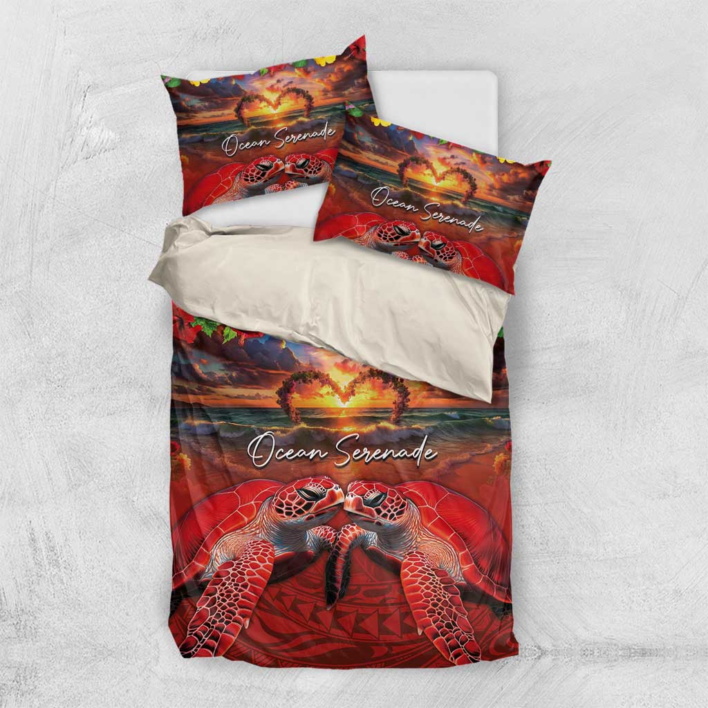Hawaiian Turtle Love Couple Bedding Set Ocean Serenade - Honu Honi Ihu with Hibiscus and Romantic Sunset Red Color LT03 US Twin 172cm x 218cm Red - Polynesian Pride