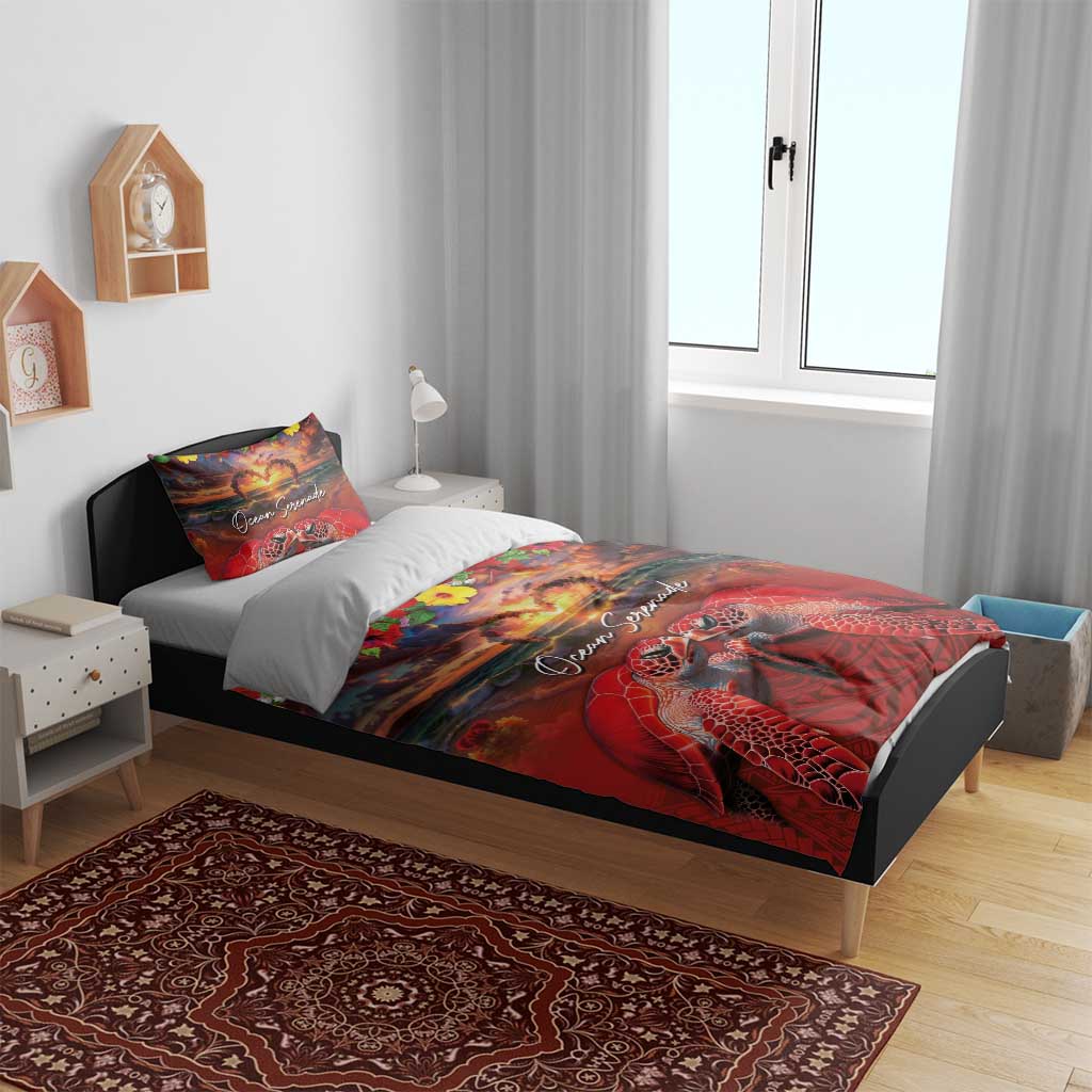 Hawaiian Turtle Love Couple Bedding Set Ocean Serenade - Honu Honi Ihu with Hibiscus and Romantic Sunset Red Color LT03 - Polynesian Pride