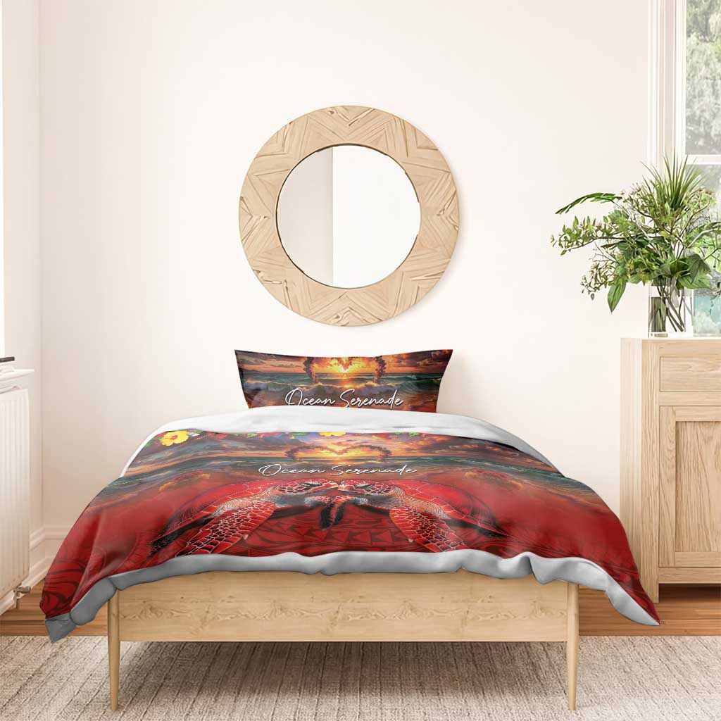 Hawaiian Turtle Love Couple Bedding Set Ocean Serenade - Honu Honi Ihu with Hibiscus and Romantic Sunset Red Color LT03 - Polynesian Pride