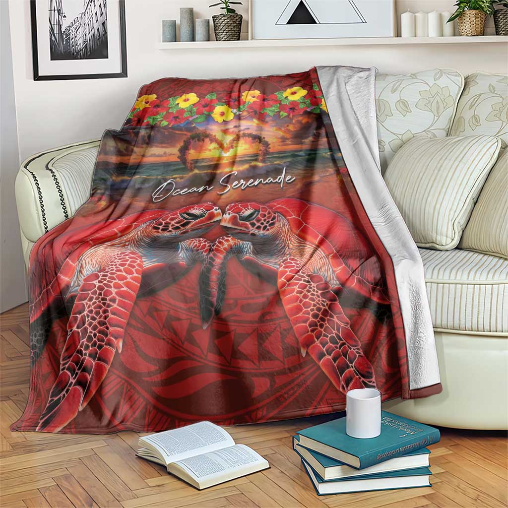 Hawaiian Turtle Love Couple Blanket Ocean Serenade - Honu Honi Ihu with Hibiscus and Romantic Sunset Red Color LT03 Red - Polynesian Pride