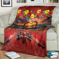 Hawaiian Turtle Love Couple Blanket Ocean Serenade - Honu Honi Ihu with Hibiscus and Romantic Sunset Red Color LT03 - Polynesian Pride