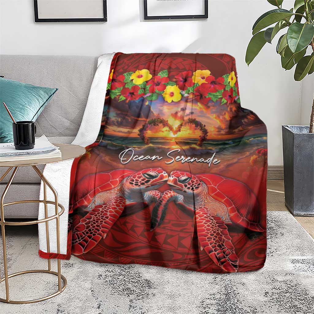 Hawaiian Turtle Love Couple Blanket Ocean Serenade - Honu Honi Ihu with Hibiscus and Romantic Sunset Red Color LT03 - Polynesian Pride