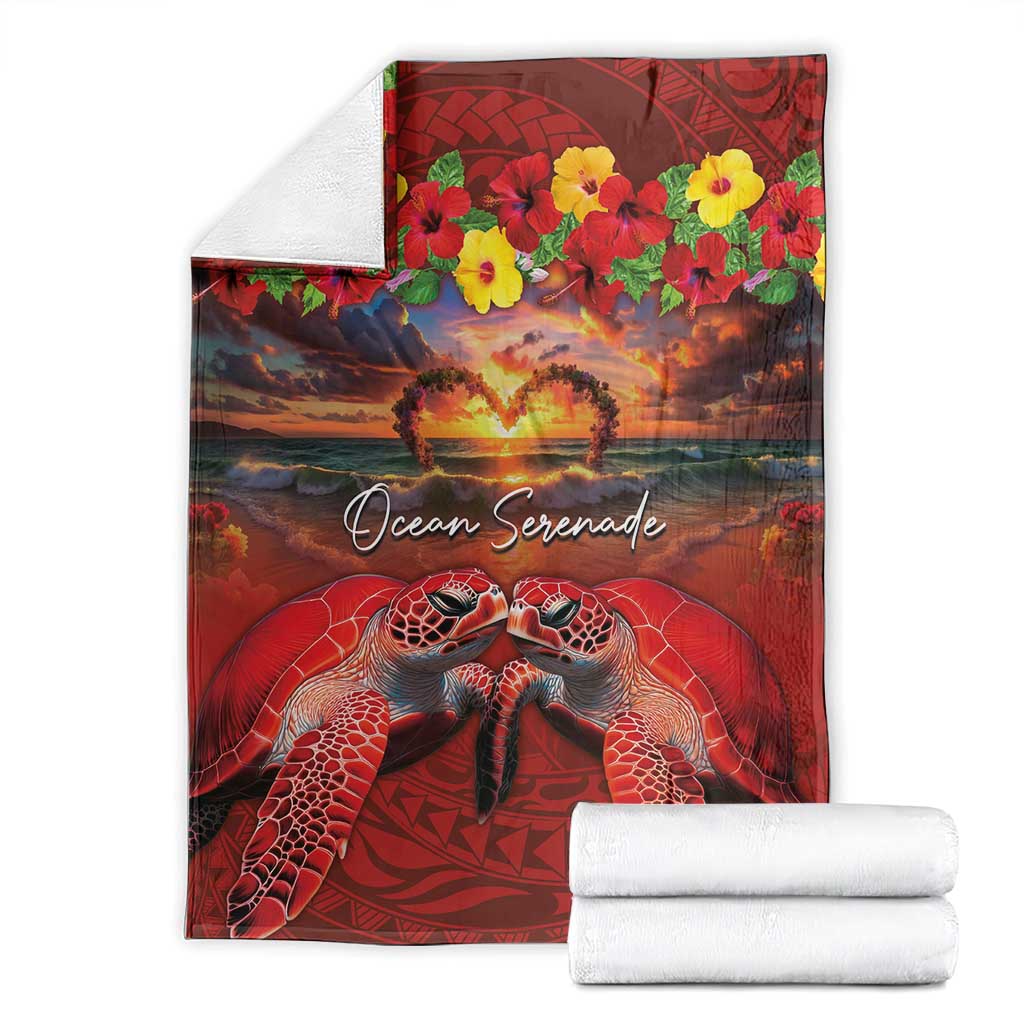 Hawaiian Turtle Love Couple Blanket Ocean Serenade - Honu Honi Ihu with Hibiscus and Romantic Sunset Red Color LT03 - Polynesian Pride