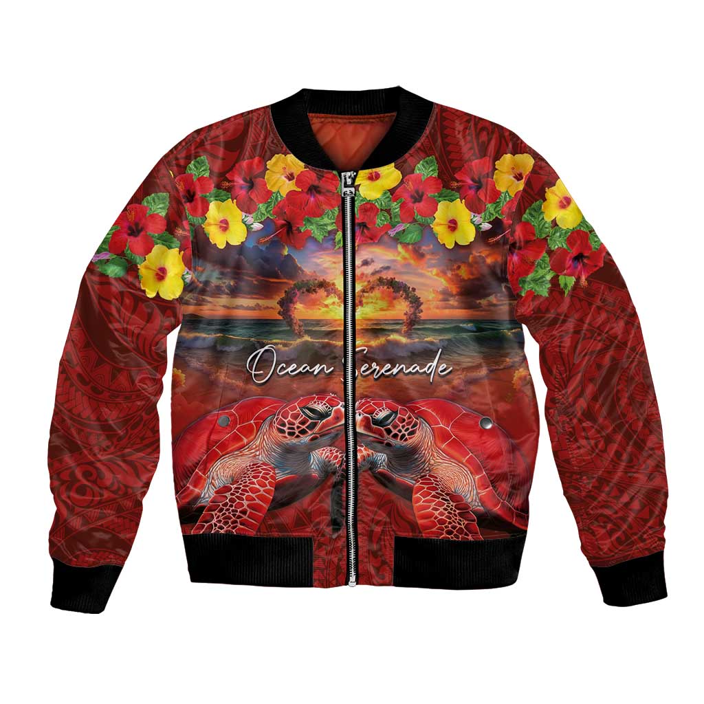 Hawaiian Turtle Love Couple Bomber Jacket Ocean Serenade - Honu Honi Ihu with Hibiscus and Romantic Sunset Red Color LT03 Unisex Red - Polynesian Pride
