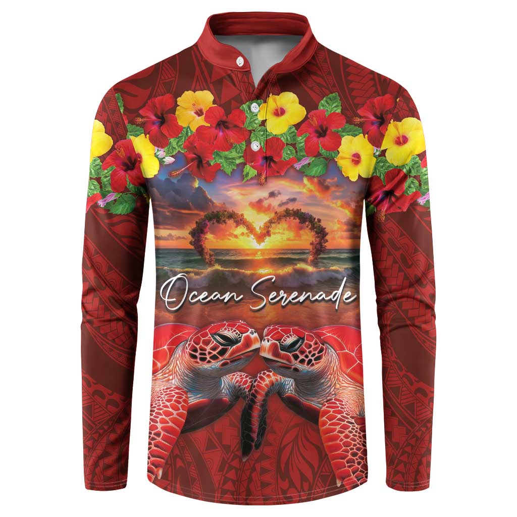 Hawaiian Turtle Love Couple Button Sweatshirt Ocean Serenade - Honu Honi Ihu with Hibiscus and Romantic Sunset Red Color LT03 Red - Polynesian Pride