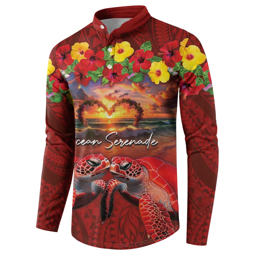 Hawaiian Turtle Love Couple Button Sweatshirt Ocean Serenade - Honu Honi Ihu with Hibiscus and Romantic Sunset Red Color LT03 - Polynesian Pride