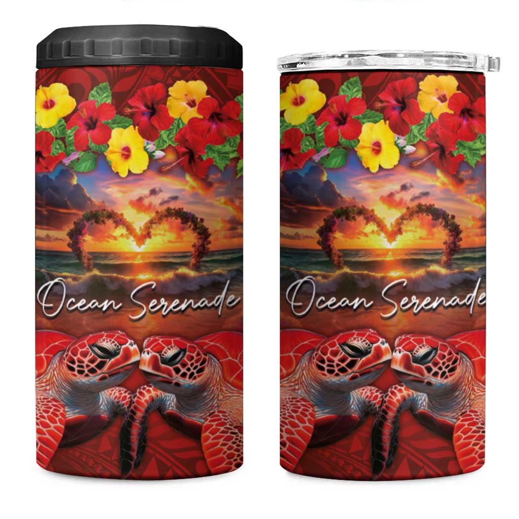 Hawaiian Turtle Love Couple 4 in 1 Can Cooler Tumbler Ocean Serenade - Honu Honi Ihu with Hibiscus and Romantic Sunset Red Color LT03 One Size: 16 oz Red - Polynesian Pride