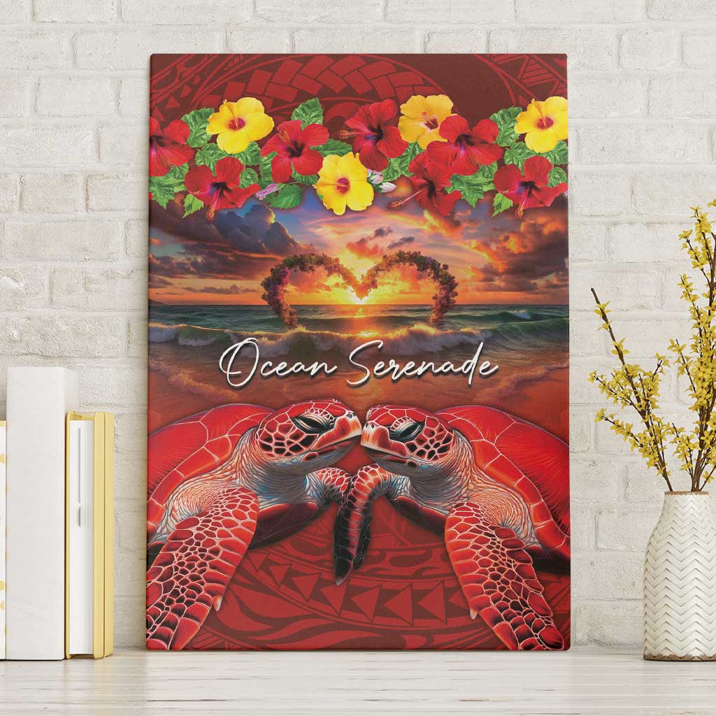 Hawaiian Turtle Love Couple Canvas Wall Art Ocean Serenade - Honu Honi Ihu with Hibiscus and Romantic Sunset Red Color LT03 Without Frame Red - Polynesian Pride