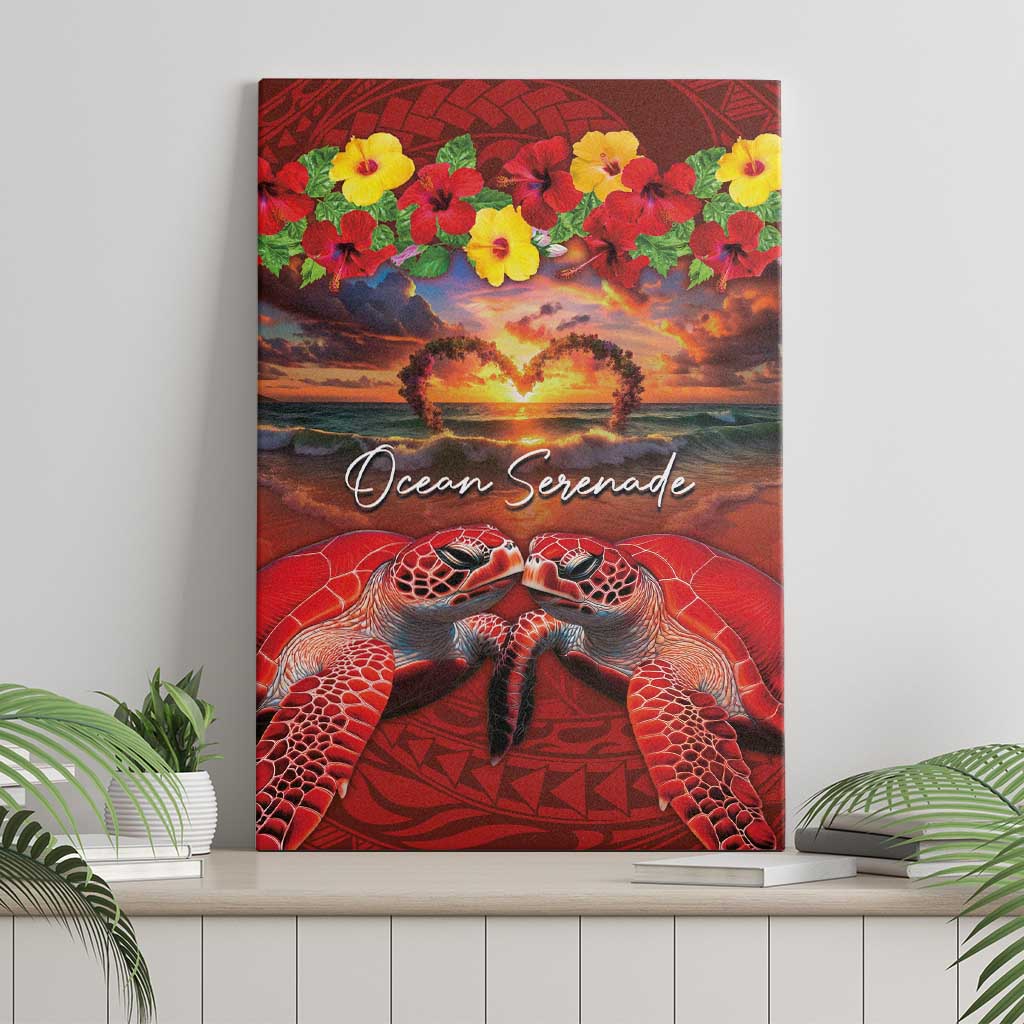 Hawaiian Turtle Love Couple Canvas Wall Art Ocean Serenade - Honu Honi Ihu with Hibiscus and Romantic Sunset Red Color LT03 - Polynesian Pride