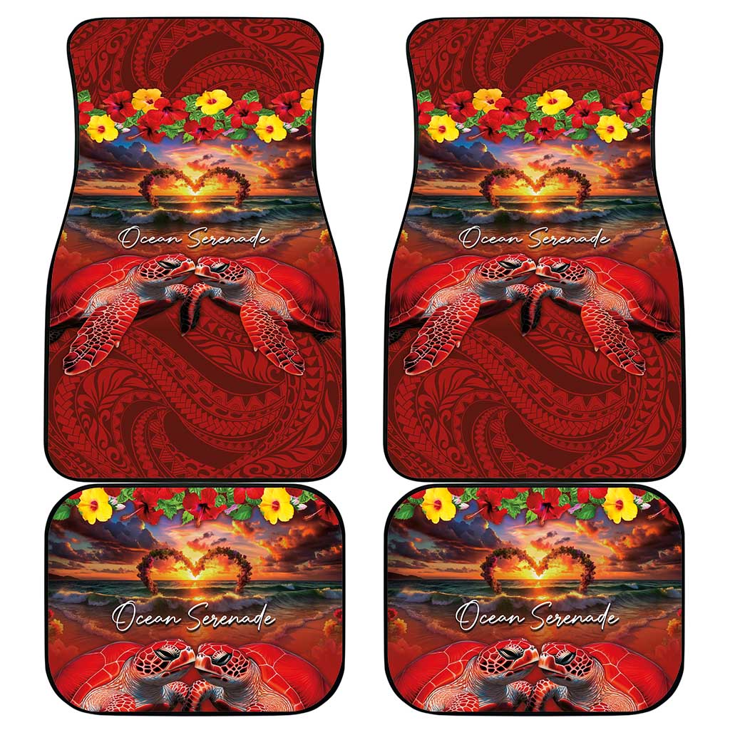 Hawaiian Turtle Love Couple Car Mats Ocean Serenade - Honu Honi Ihu with Hibiscus and Romantic Sunset Red Color LT03 - Polynesian Pride
