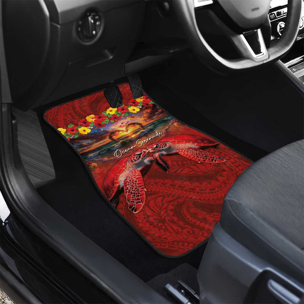 Hawaiian Turtle Love Couple Car Mats Ocean Serenade - Honu Honi Ihu with Hibiscus and Romantic Sunset Red Color LT03 - Polynesian Pride