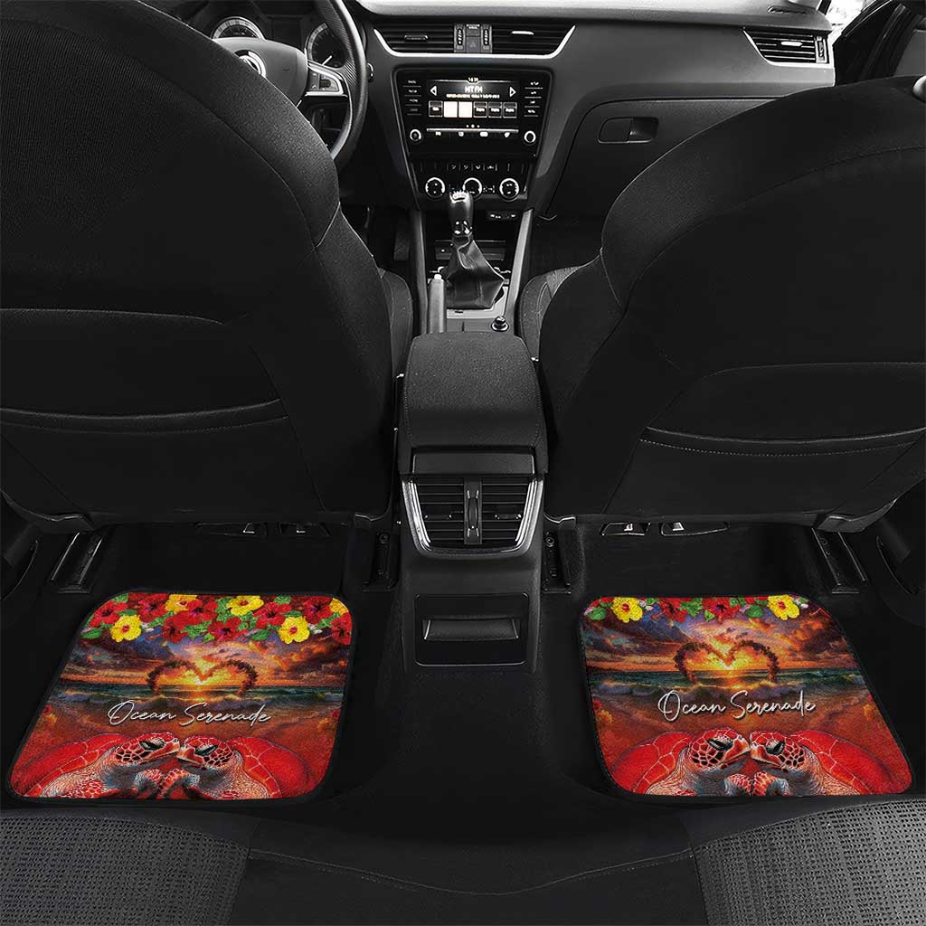 Hawaiian Turtle Love Couple Car Mats Ocean Serenade - Honu Honi Ihu with Hibiscus and Romantic Sunset Red Color LT03 Set 2pcs - Back Red - Polynesian Pride