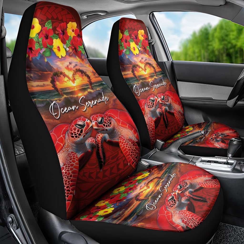 Hawaiian Turtle Love Couple Car Seat Cover Ocean Serenade - Honu Honi Ihu with Hibiscus and Romantic Sunset Red Color LT03 - Polynesian Pride