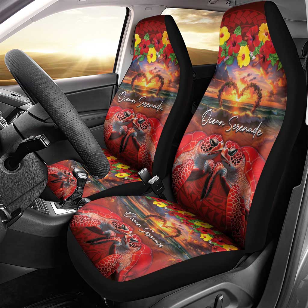 Hawaiian Turtle Love Couple Car Seat Cover Ocean Serenade - Honu Honi Ihu with Hibiscus and Romantic Sunset Red Color LT03 - Polynesian Pride