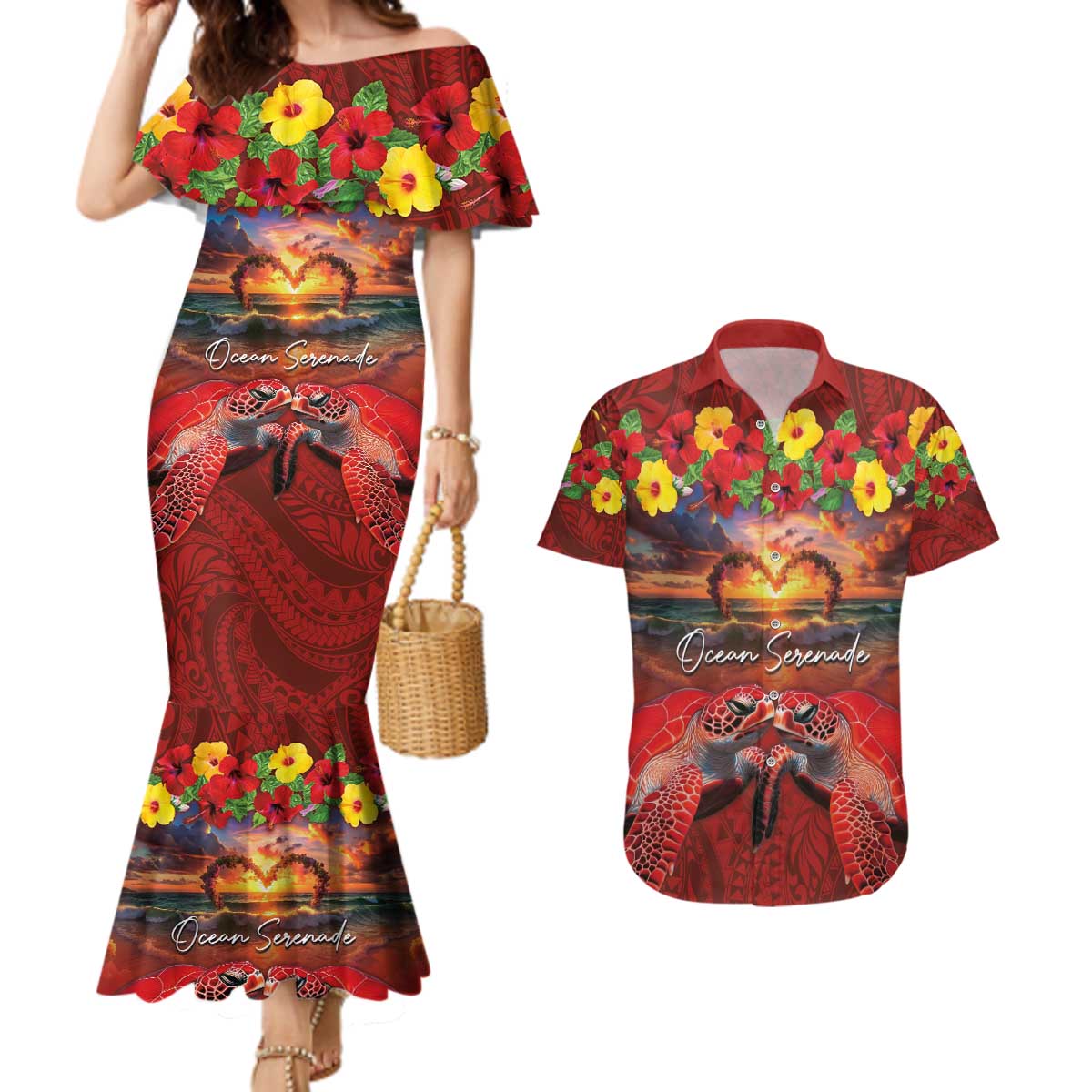 Hawaiian Turtle Love Couple Couples Matching Mermaid Dress and Hawaiian Shirt Ocean Serenade - Honu Honi Ihu with Hibiscus and Romantic Sunset Red Color LT03 Red - Polynesian Pride