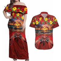 Hawaiian Turtle Love Couple Couples Matching Off Shoulder Maxi Dress and Hawaiian Shirt Ocean Serenade - Honu Honi Ihu with Hibiscus and Romantic Sunset Red Color LT03 Red - Polynesian Pride