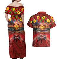Hawaiian Turtle Love Couple Couples Matching Off Shoulder Maxi Dress and Hawaiian Shirt Ocean Serenade - Honu Honi Ihu with Hibiscus and Romantic Sunset Red Color LT03 - Polynesian Pride