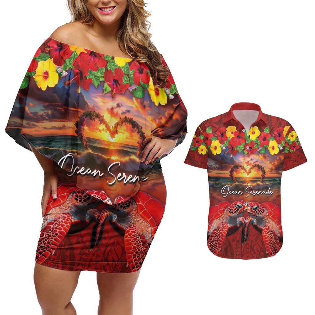 Hawaiian Turtle Love Couple Couples Matching Off Shoulder Short Dress and Hawaiian Shirt Ocean Serenade - Honu Honi Ihu with Hibiscus and Romantic Sunset Red Color