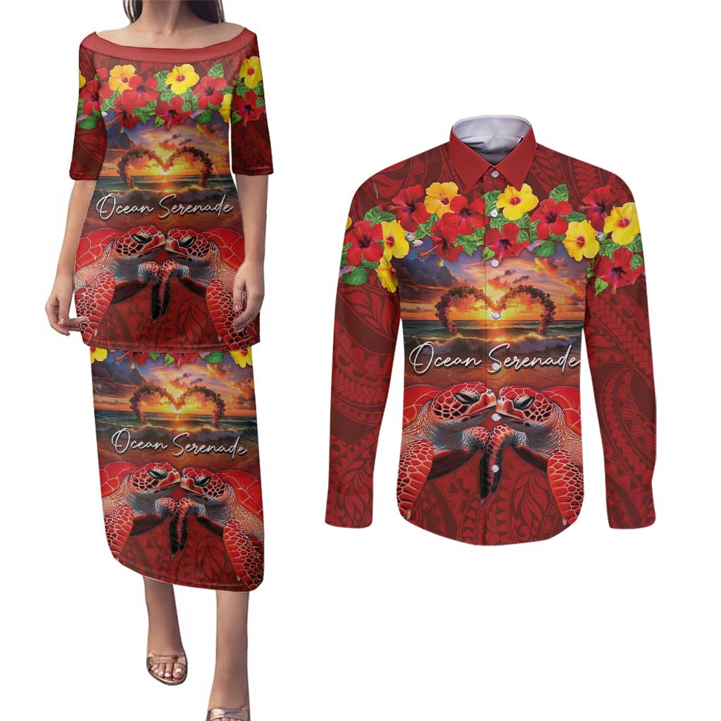 Hawaiian Turtle Love Couple Couples Matching Puletasi and Long Sleeve Button Shirt Ocean Serenade - Honu Honi Ihu with Hibiscus and Romantic Sunset Red Color LT03 Red - Polynesian Pride